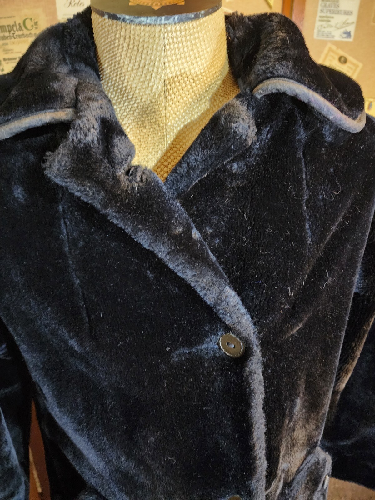 Borgana Faux Fur Black Coat Mod Size 18 Union Label Leather Accents Vintage 1960