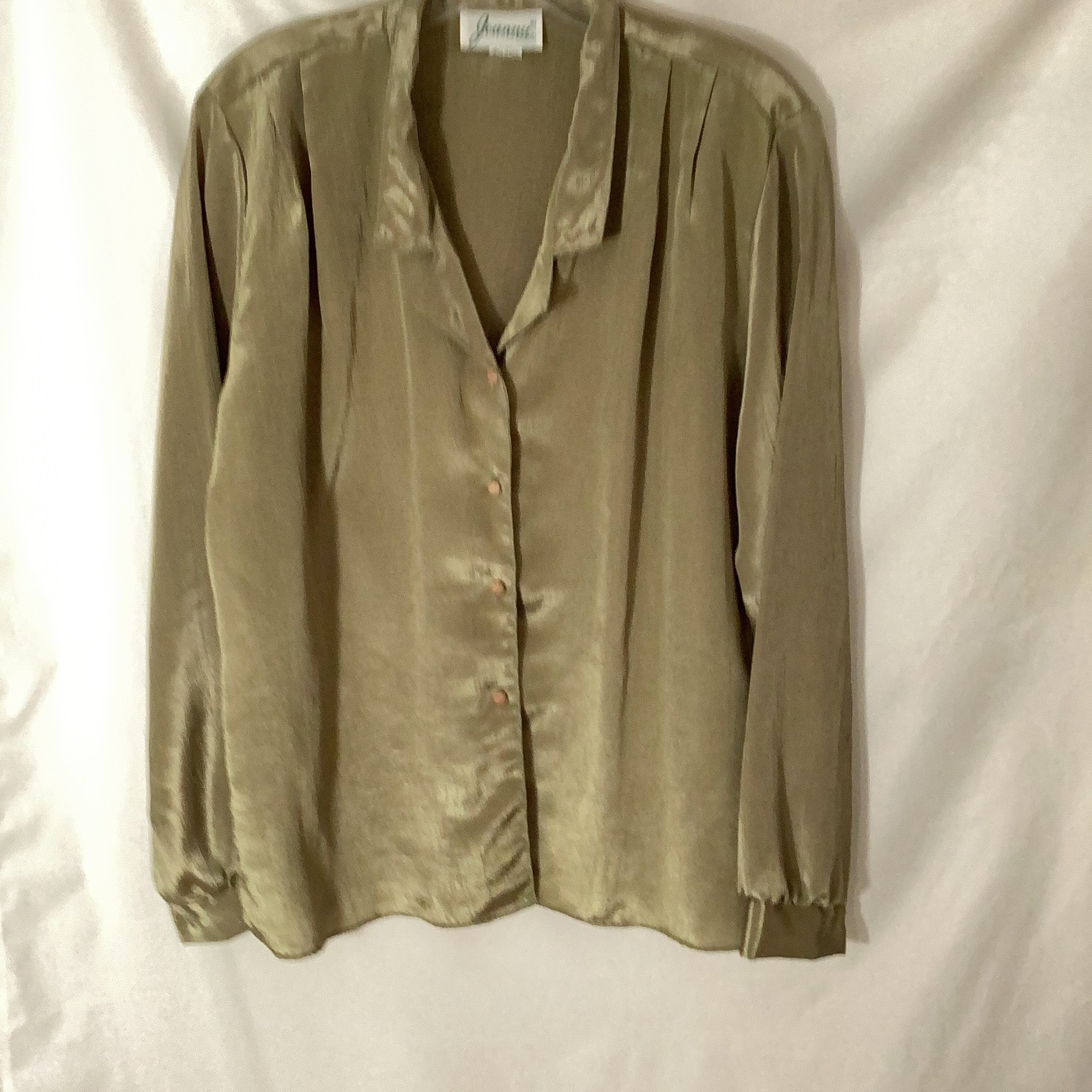 Vintage Joanna Soft Olive Gold Blouse 80s 90s Deep V Notch Lapel Top