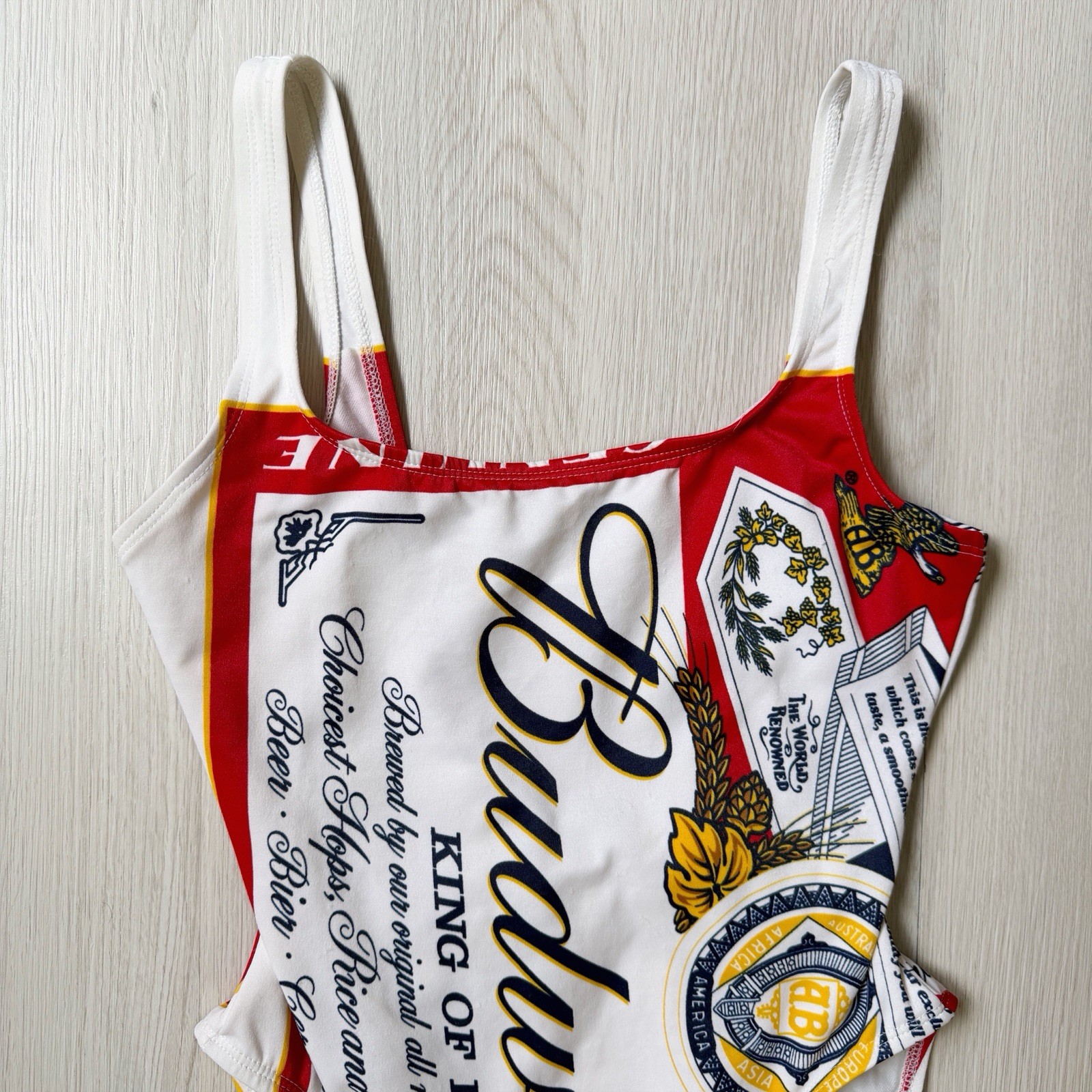 VTG Budweiser Beer Swimsuit Womens 9 One Piece 90s Anheuser Busch Retro Festival
