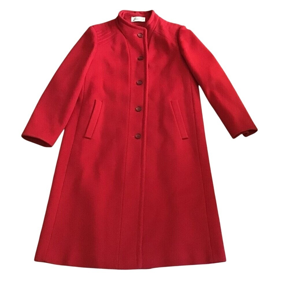 Bromleigh Vintage Red Wool Coat Stand Collar Button Front Satin Lined Women
