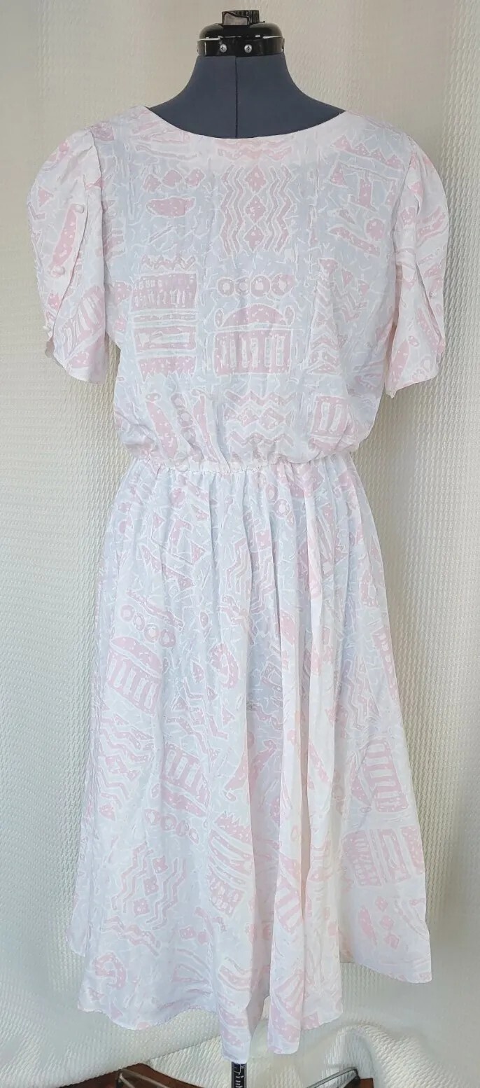 Vintage LA Gal Pink & White Abstract Printed Dress w Elastic Waist Size 16