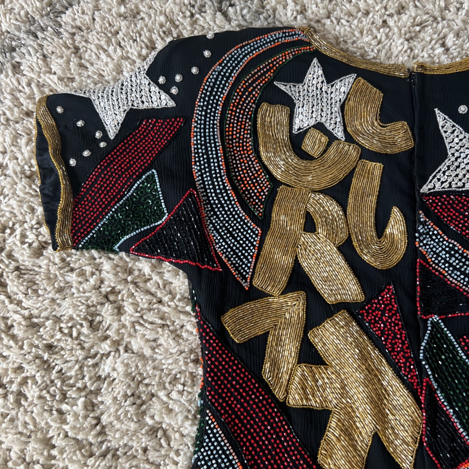 Vintage Retro Rainbow Sequin Alphabet Dress Glam Rocker Party Silk M Beaded