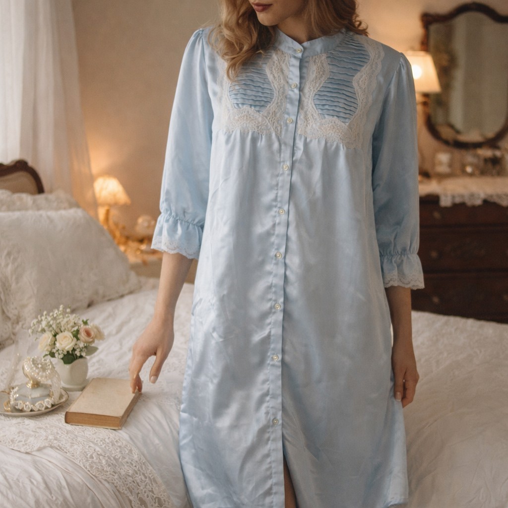 VTG Lewis Frimel Satin Lace Nightgown Baby Blue Button Front Boudoir Peignoir
