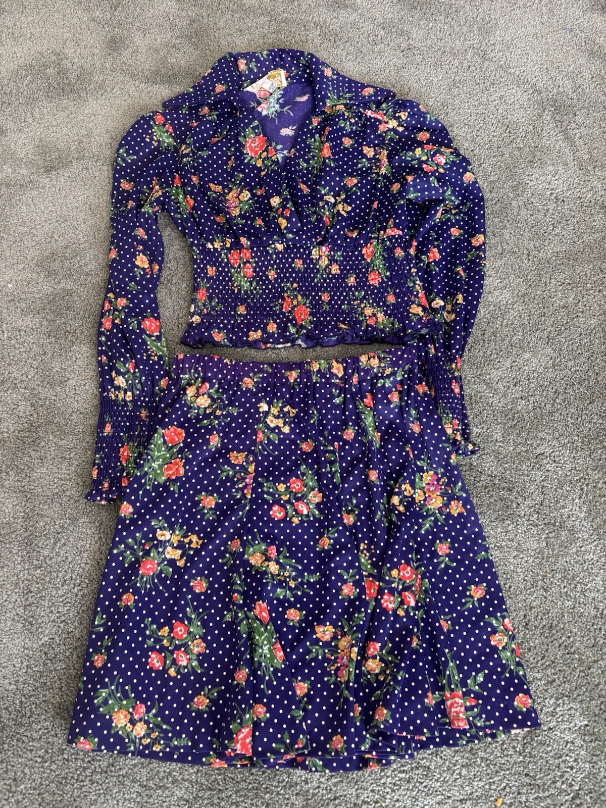 Vintage “Rag Dolls” Matching Set Skater Skirt And Crop Top Polka Dot Floral