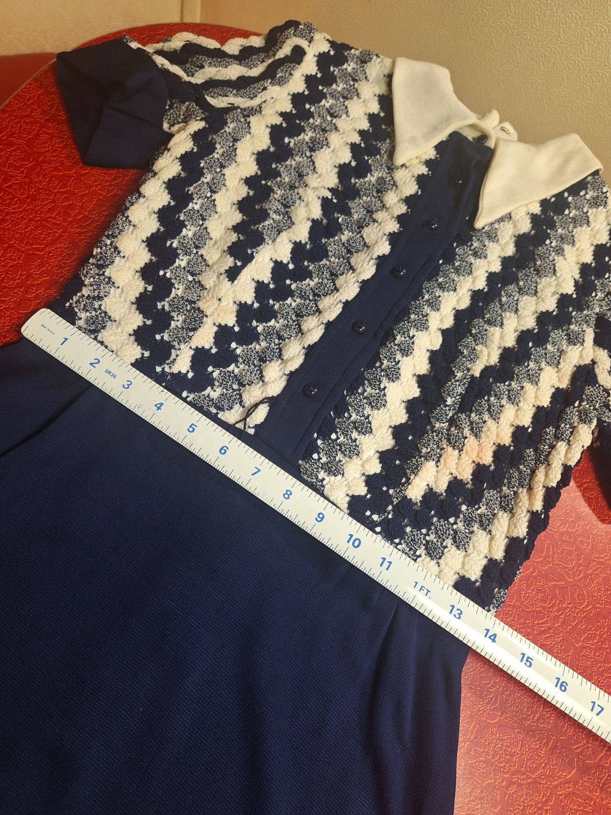 True VTG Mid-century Mod 1960s 1970s Hi Neck Polyester Crochet Maxi Dress S/M