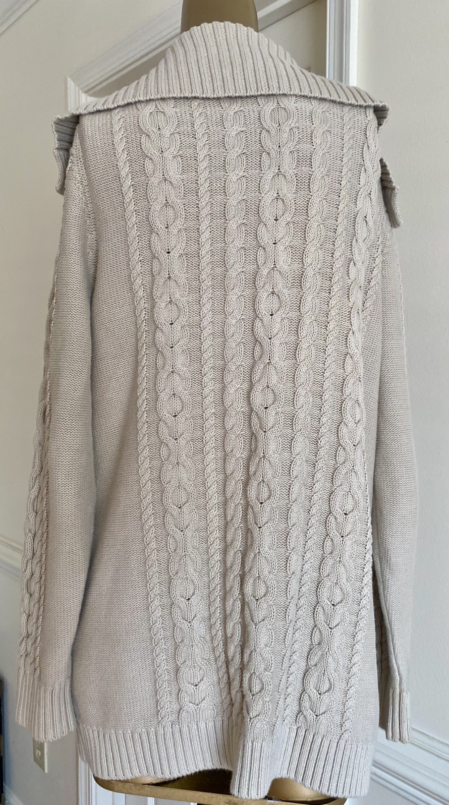 LL Bean Fisherman Cable Knit Cotton Cardigan Sweater Cottagecore Coastal Size L