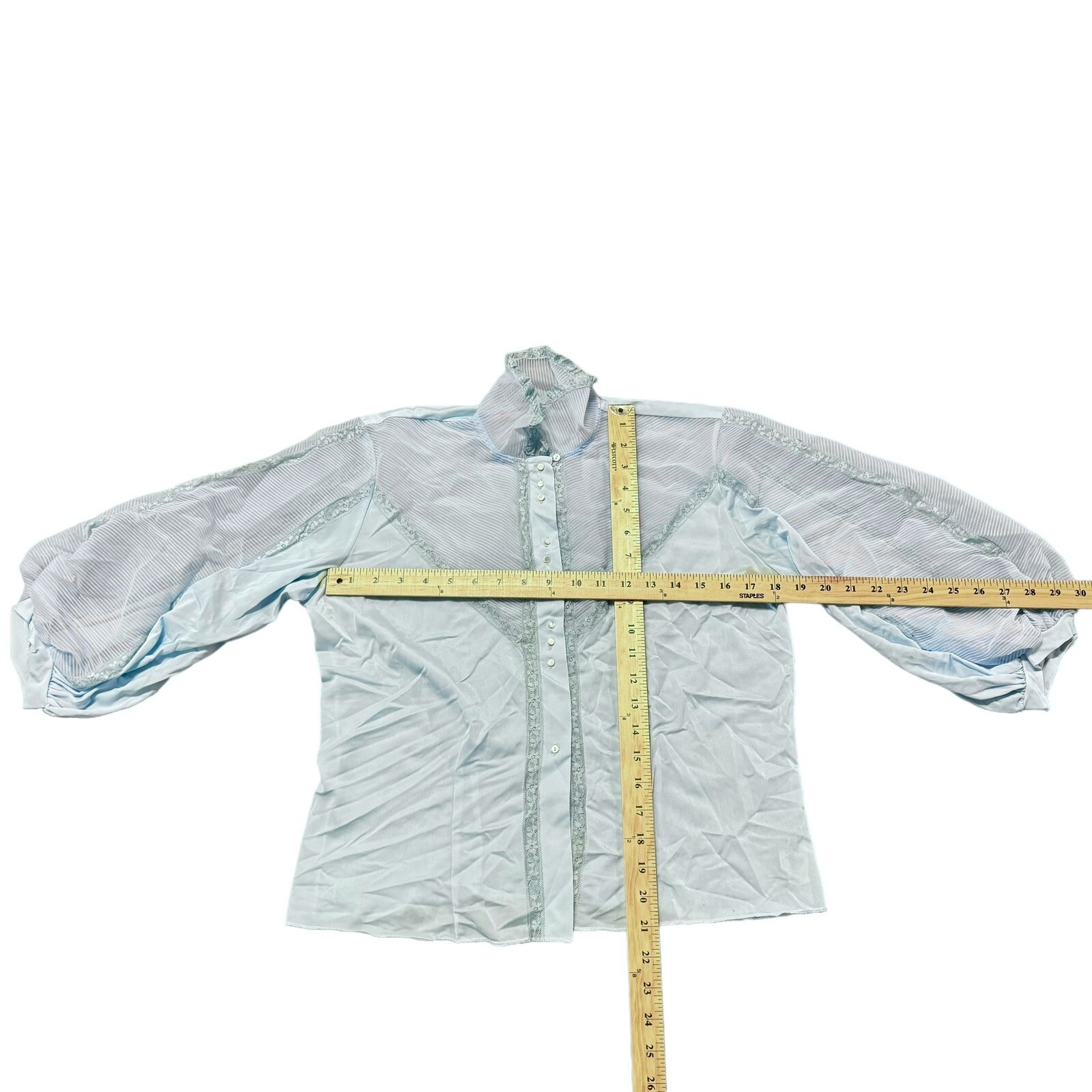 Vtg 1960s Lee Mar California Light Blue Inset Lace Balloon Sleeve Nylon Blouse