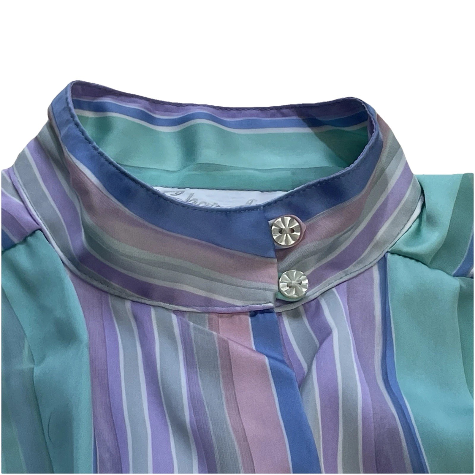 VTG Pastel Striped Blouse 12 High Mock Neck W/ Tie Button Front Retro Office