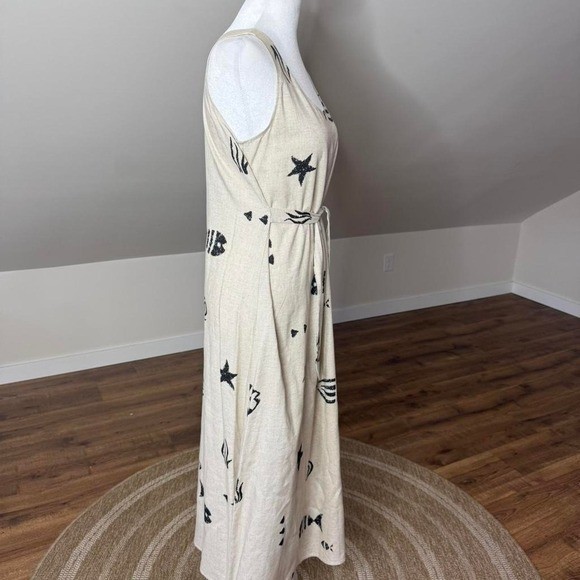 Connie Choi Vintage Linen Blend Nautical Fish Print Maxi Dress Beige Small 70645