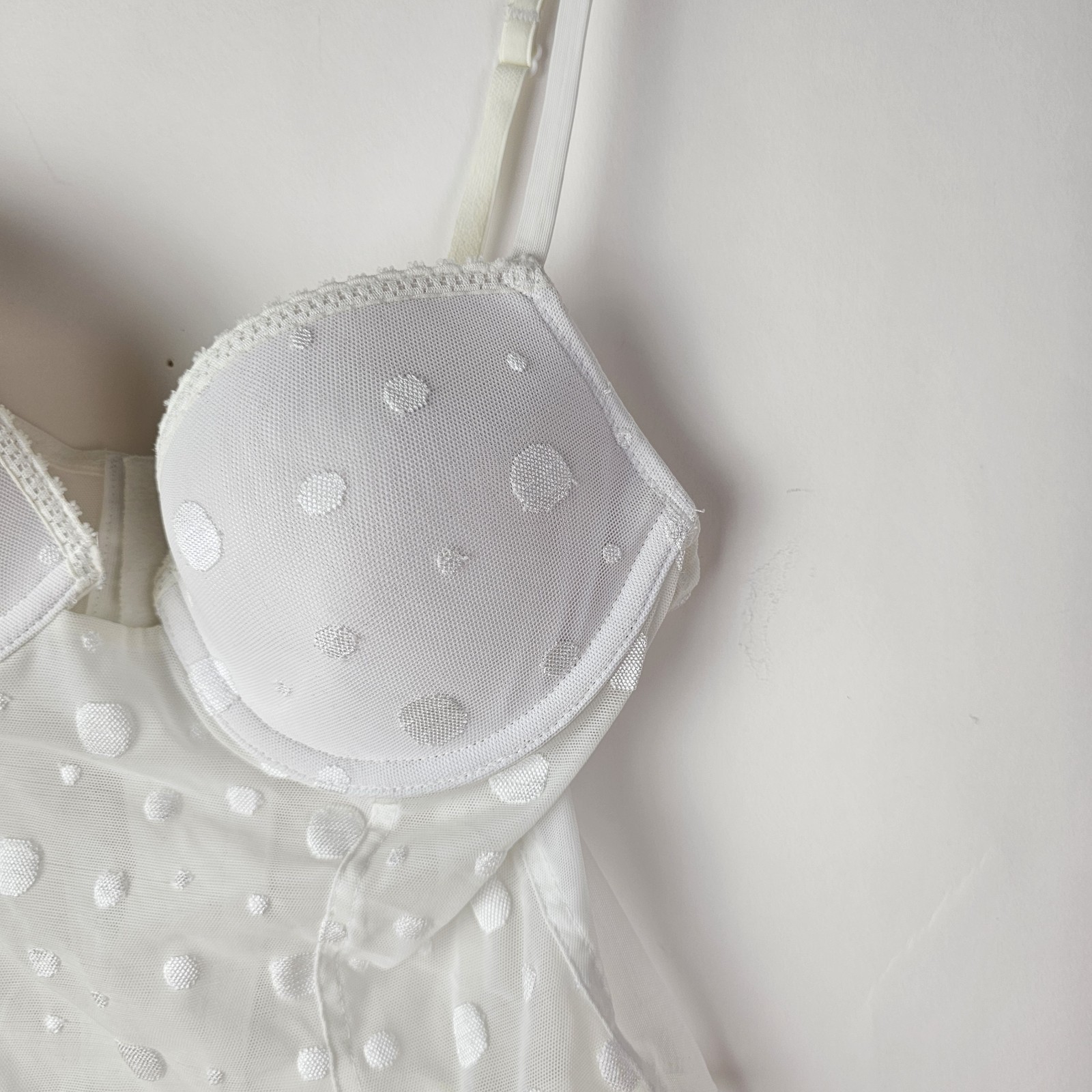 Lily Of France Bustier Bra 36A White 2101960 Polka Dot Semi Sheer Sexy Romantic