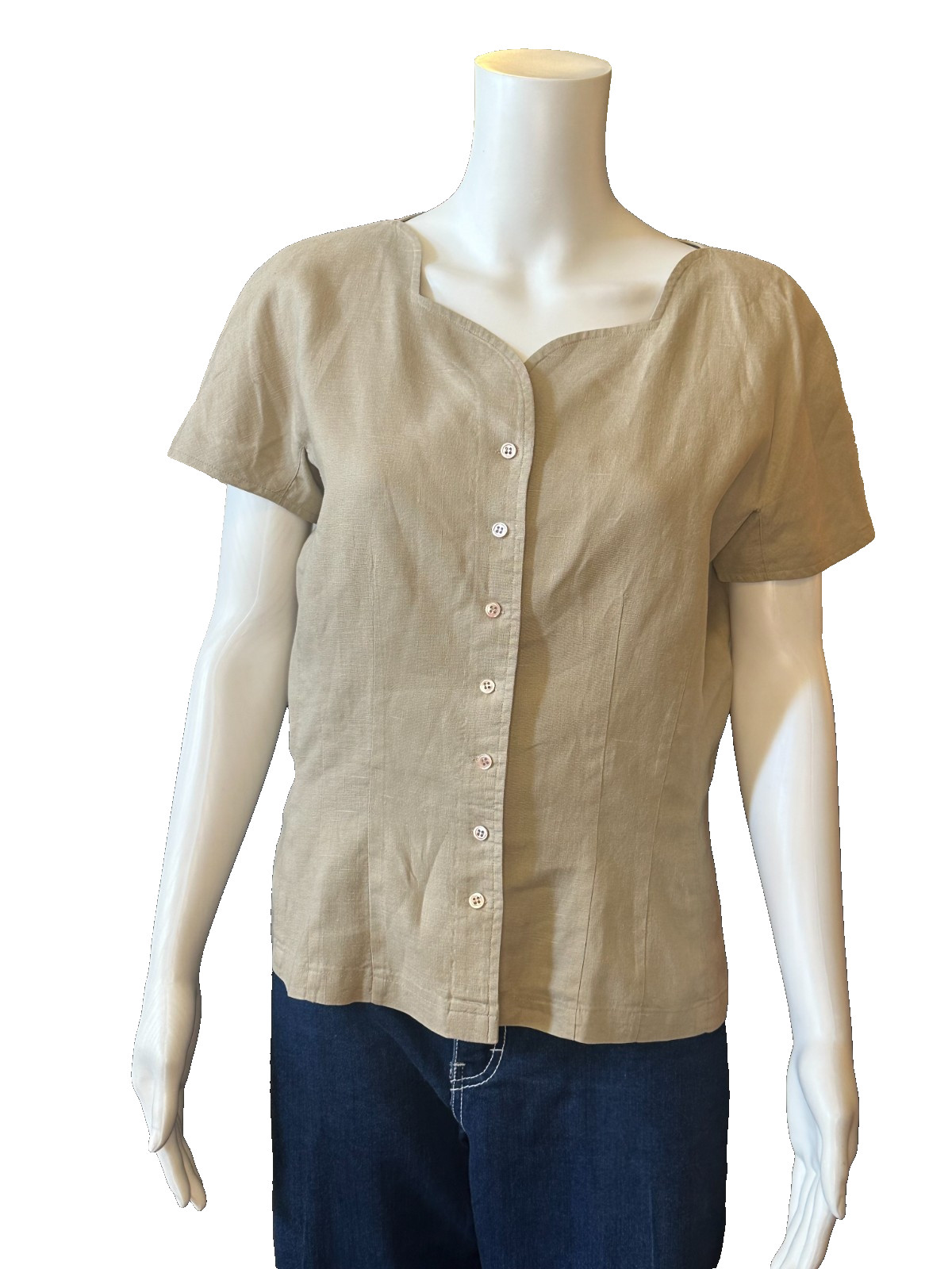 Claude Bennett Short Sleeve 100% Linen Size 12 tan button up blouse vtg
