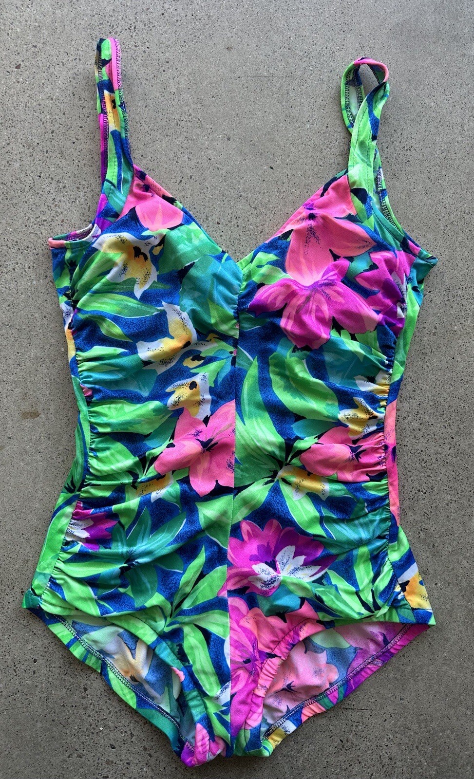 Vintage Gabar Floral Green Nylon Blend One Piece Bathing Suit Swimsuit Size 10