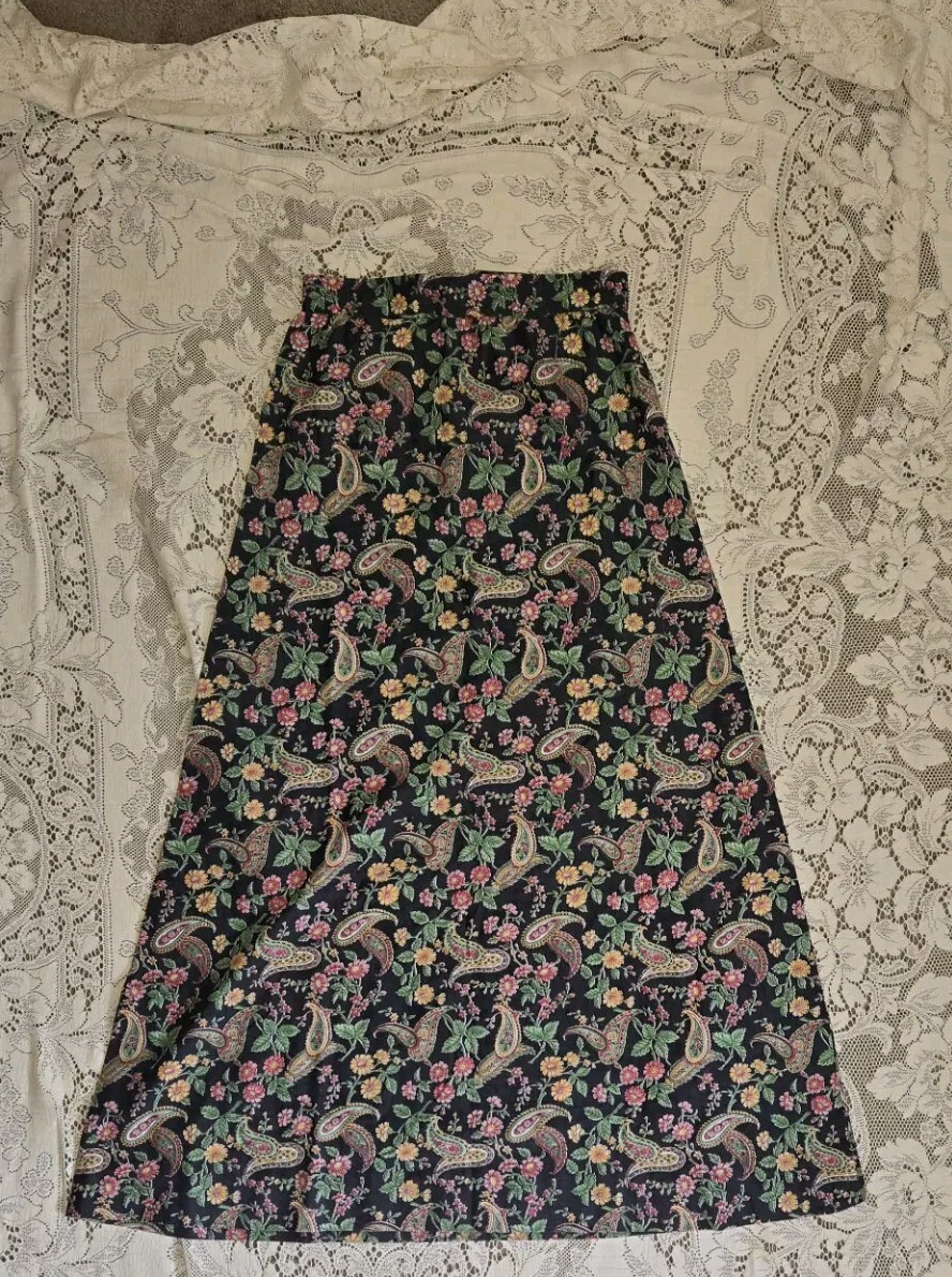 Vintage 1970s Paisley Floral Homemade A Line Skirt Black Pink Green Yellow