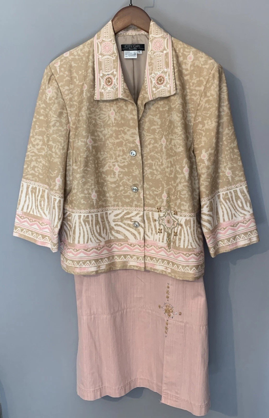 90s City Girl Nancy Bolen Skirt Suit Pink Cottage Pattern Mixing Animal Print XL