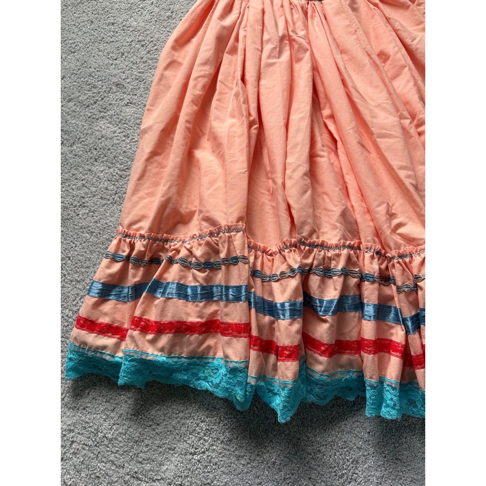 Vintage Peach Cotton Square Dance Skirt Ribbon Trim Lace Hem Western Midi Wrap