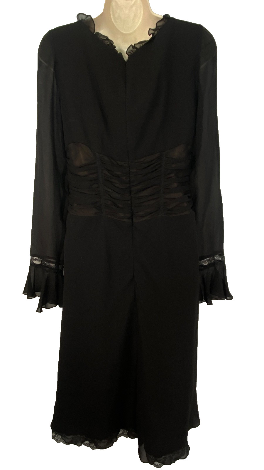 Vintage 1990s black MODA INTL silk dress 8 long flounce sleeve sheer midi ruffle
