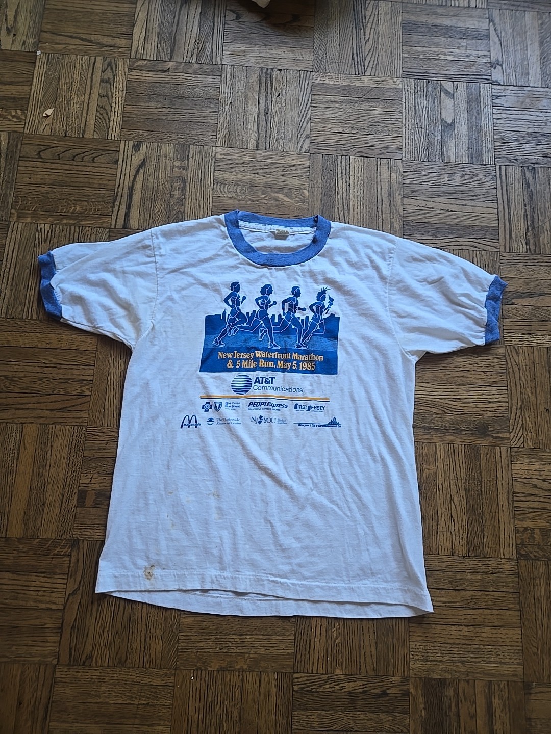 Vtg May 5 1985 New Jersey Waterfront Marathon RINGER T-SHIRT Sz L Cinco De Mayo