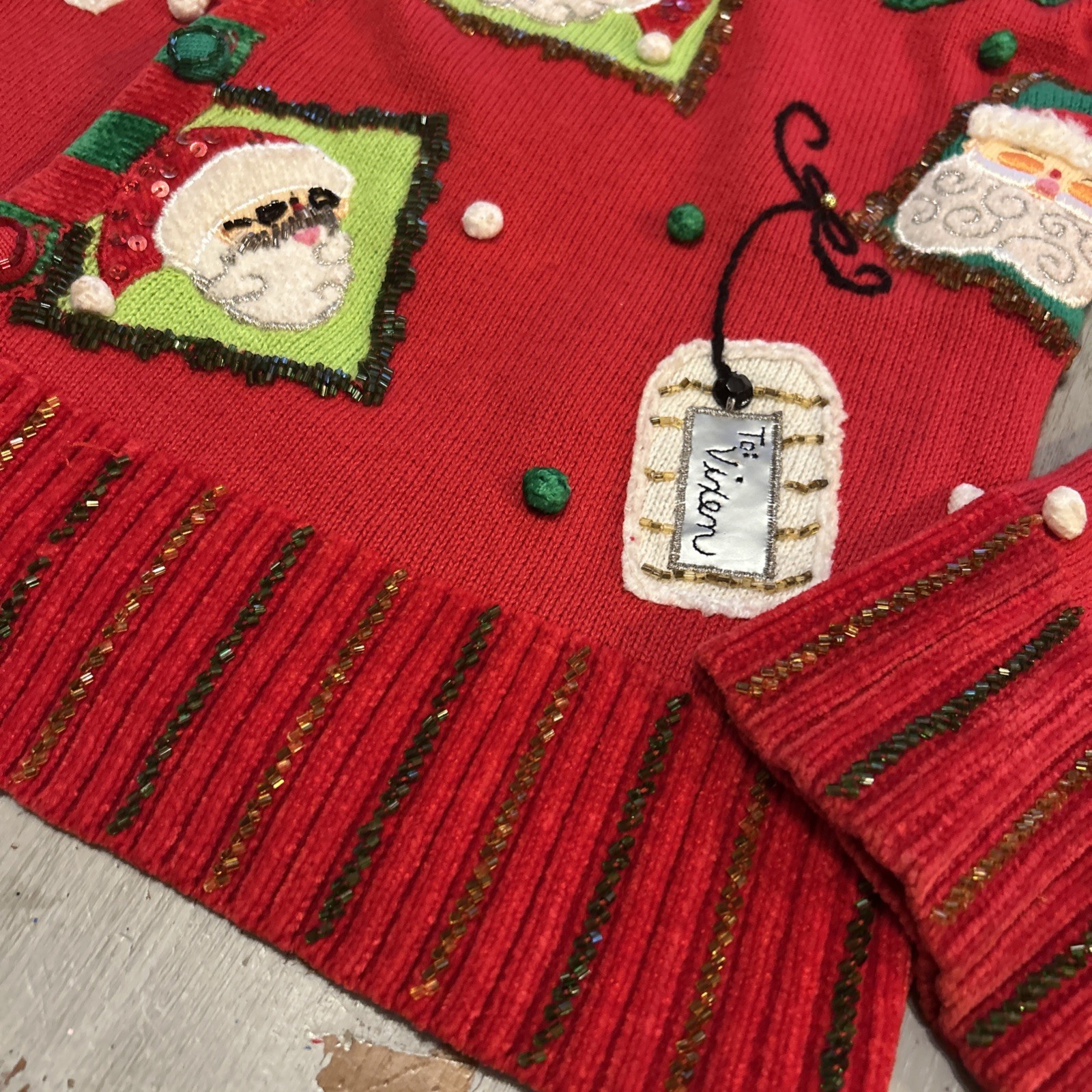 Berek Red Green Christmas Santa Reindeer Gift Tags Beaded Pom Poms Cardigan Sz M