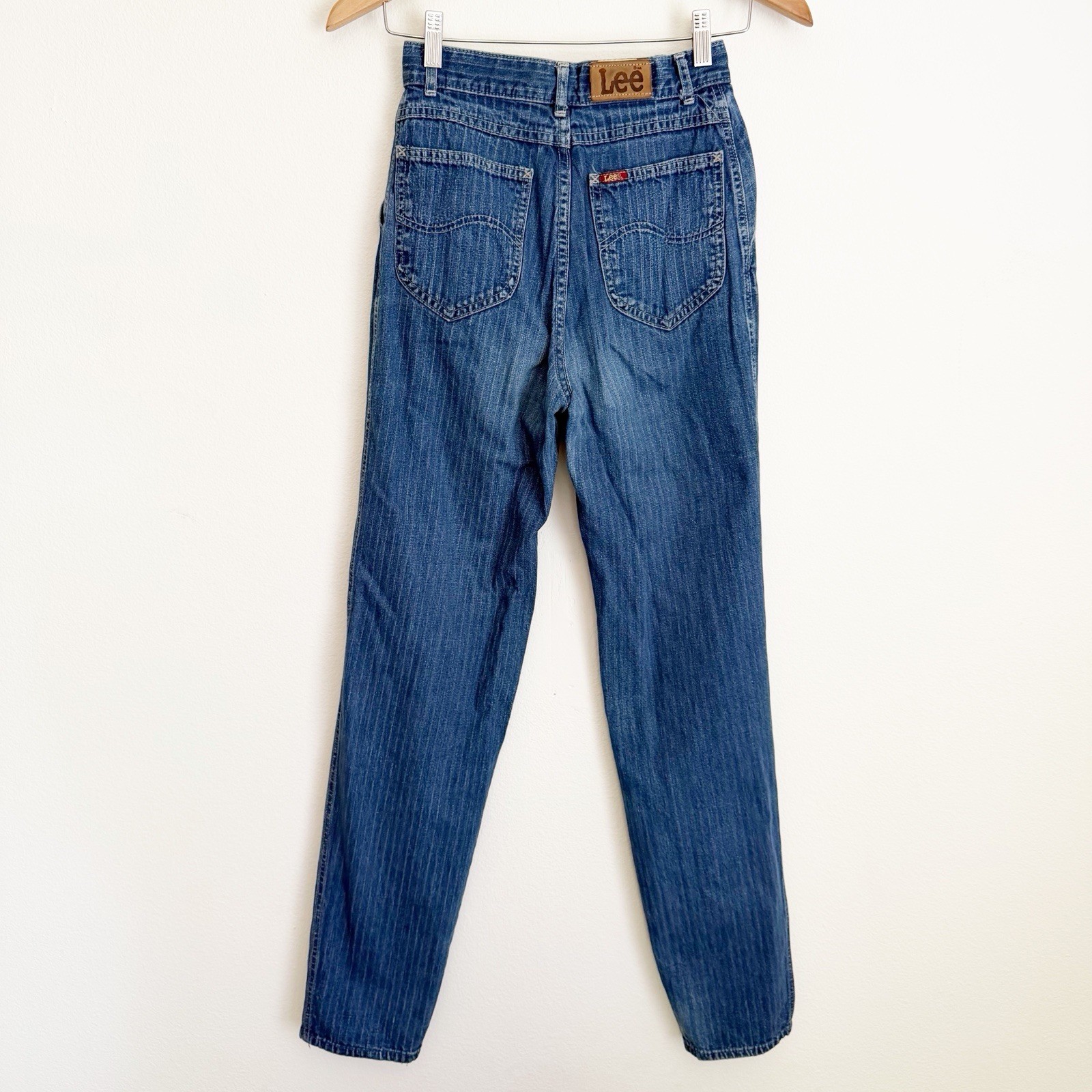 Vtg 80s Lee High Waist White Pinstripe Denim Mom Jean Tapered Pleated Barrel 7