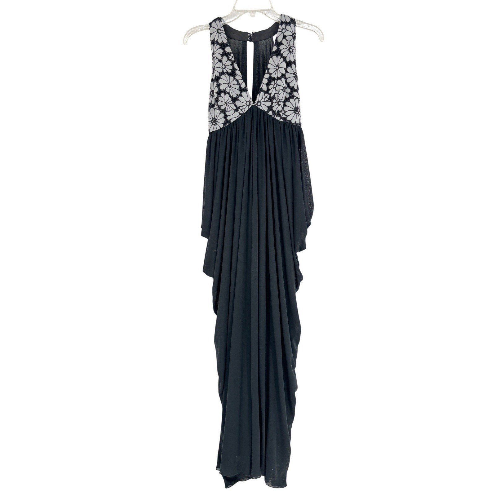 Vtg Formal Gown Black Floral Bodice Draped Maxi 62″ Exclusive Création Hoffman