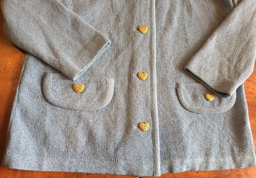 VINTAGE1970s 80s CASTLEBERRY KNIT JACKET BLAZER BLUE SIZE 8 GOLDEN HEART BUTTONS
