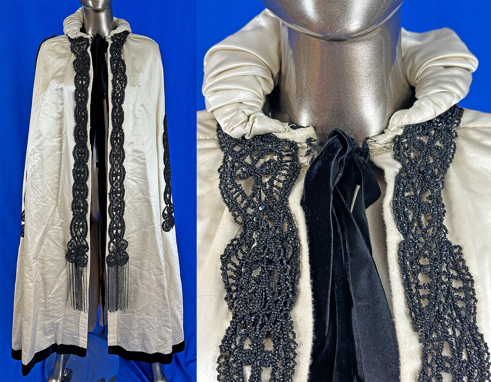 Victorian I Magnin & Co White Silk Black Jet Beaded Evening Opera Cloak Cape VTG