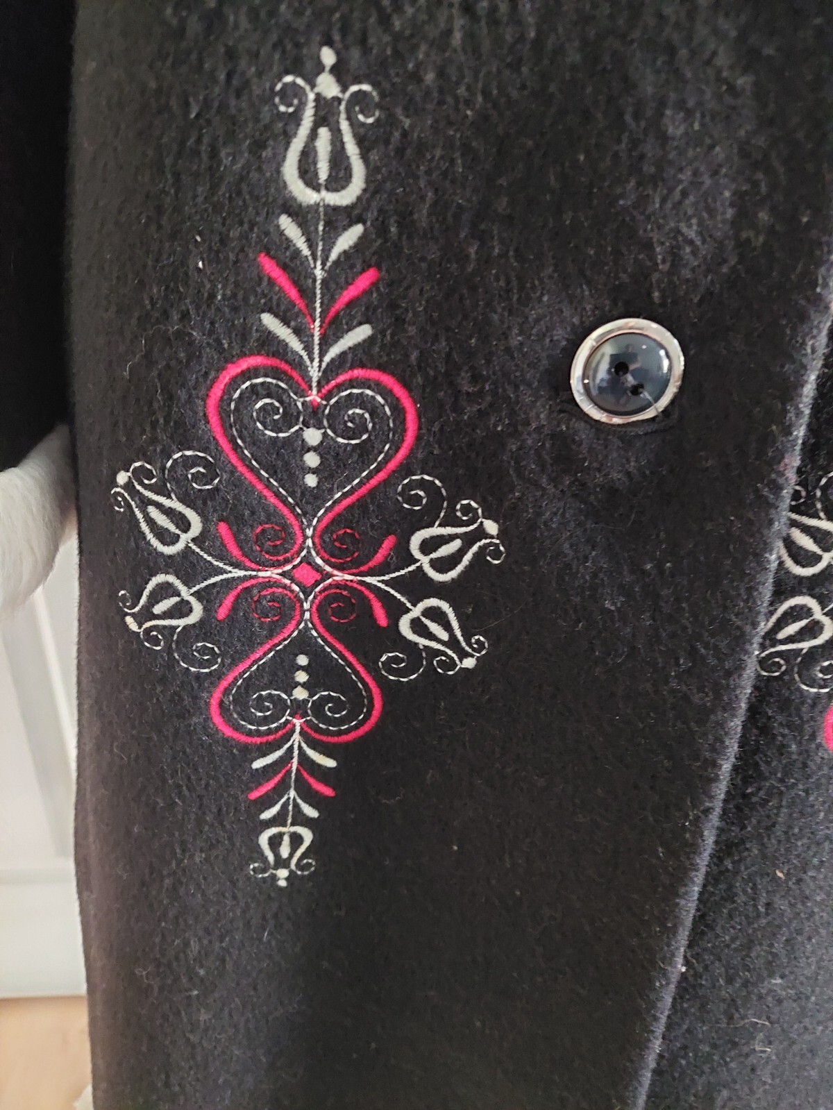 Vtg Wolfstaedter 1960’s Black Faux Fur Trim Swing Coat L Wool Lined MCM