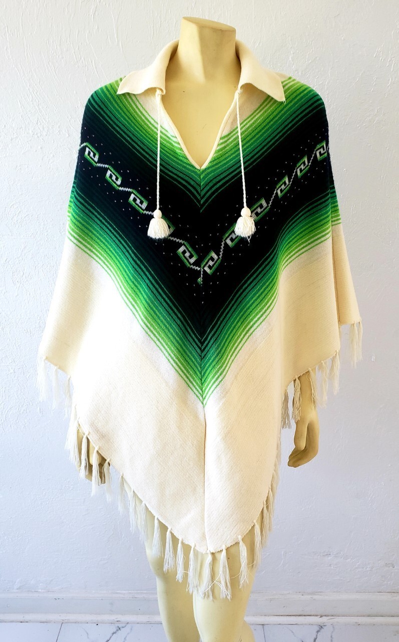 CLEARANCE vintage 1970s poncho knit sweater ivory green stripe tassels