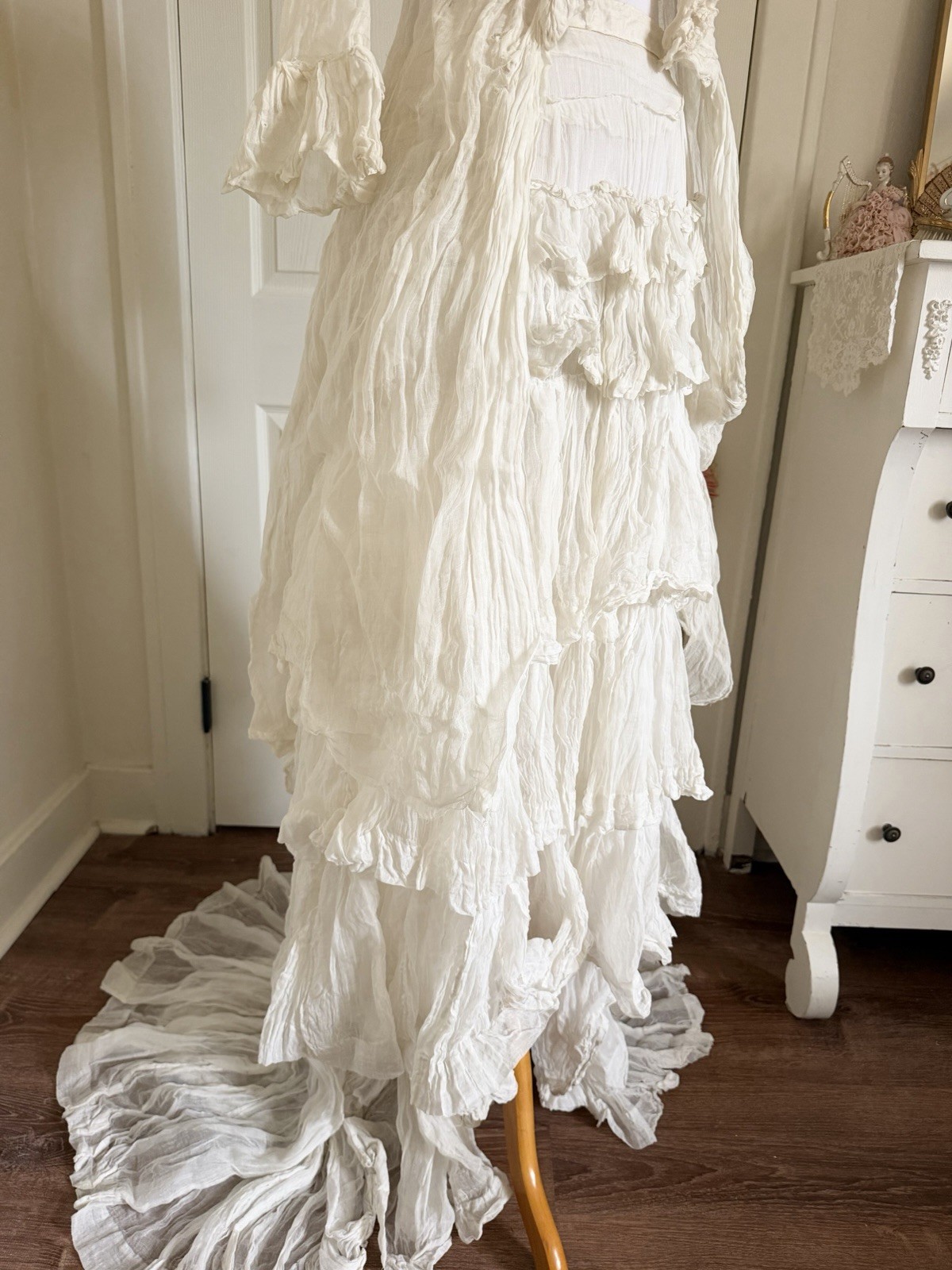 Antique 1880s Victorian White Bustle Ensemble with Jacket Bodice & Ruffle Skirt