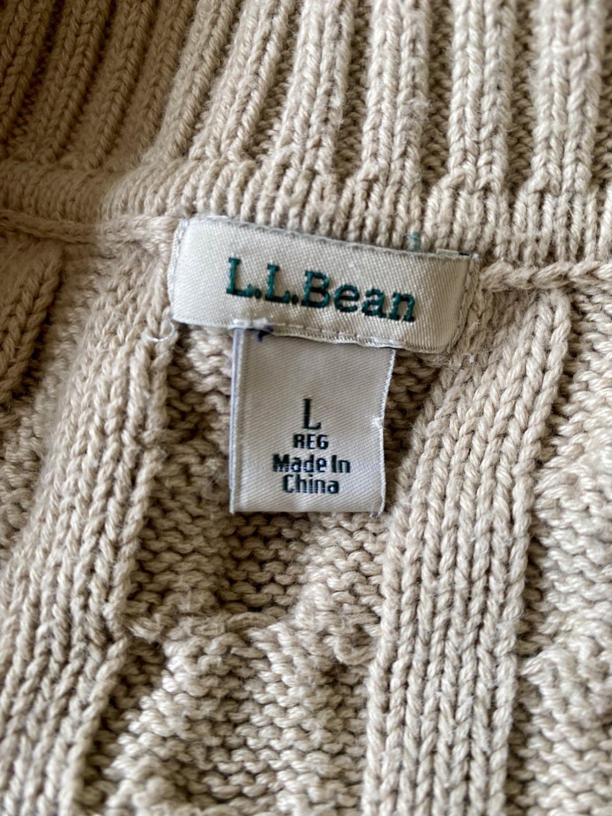LL Bean Fisherman Cable Knit Cotton Cardigan Sweater Cottagecore Coastal Size L