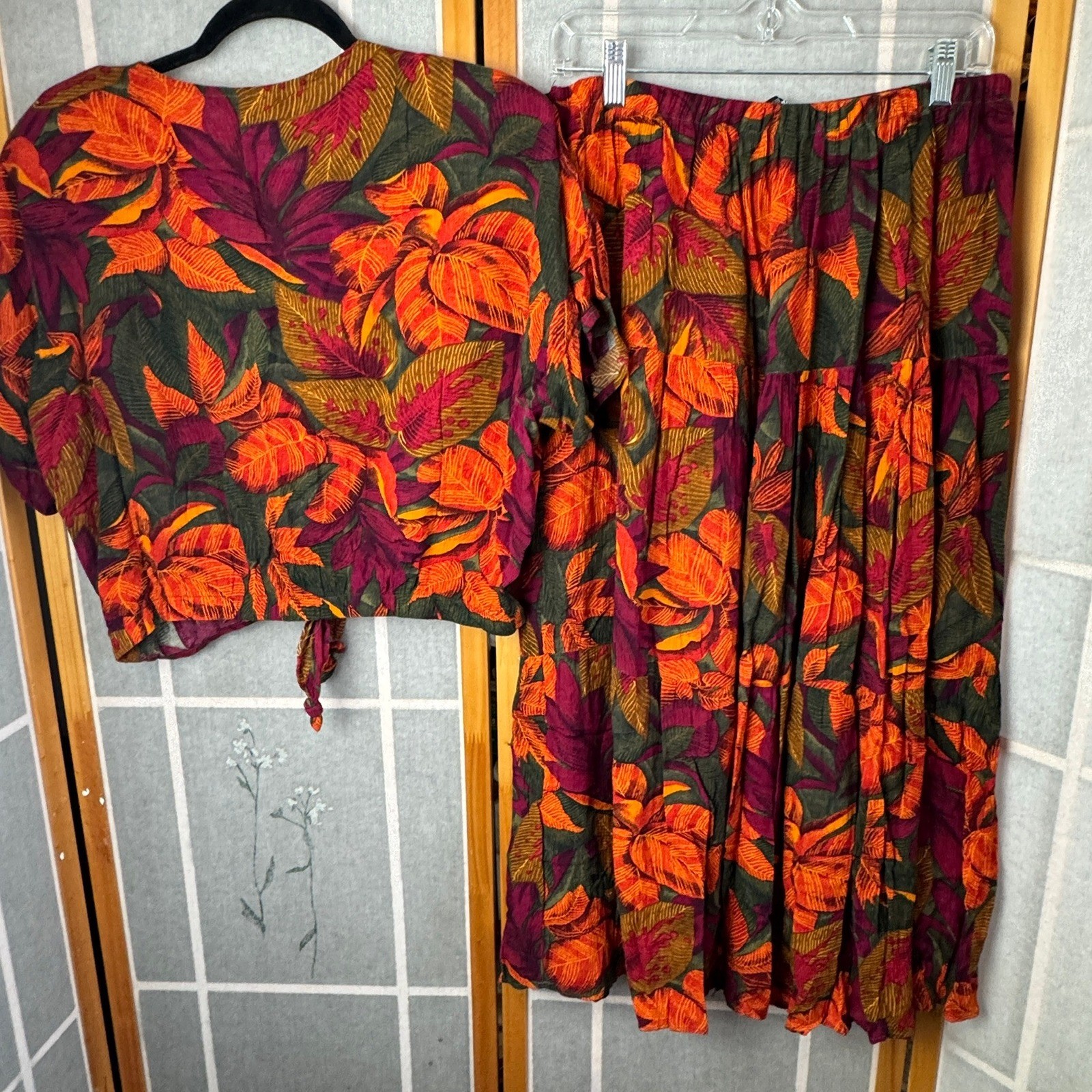 Vintage Options Melrose Tropical Leaf Print Tie Front Top and Maxi Skirt Set