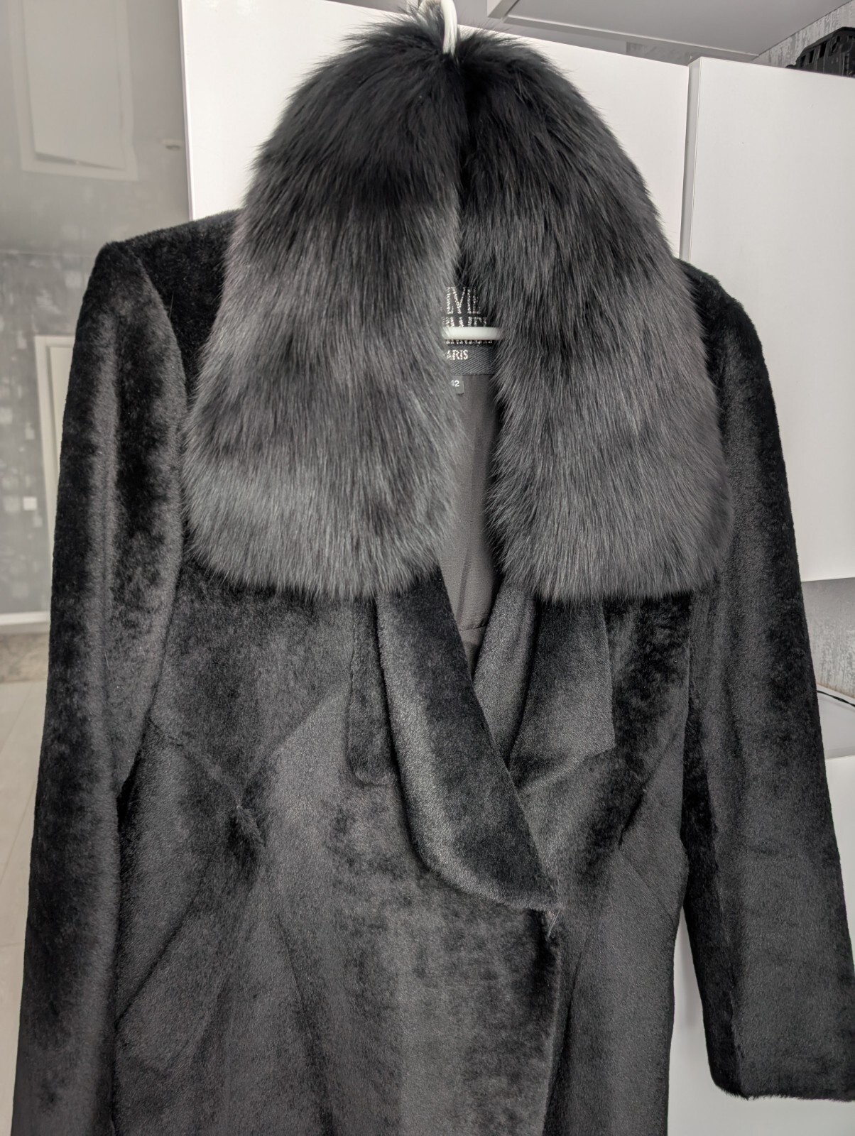 Sylvie Schimmel Pieton France Vintage Black Lamb Shearling Fox Fur Coat Jacket M