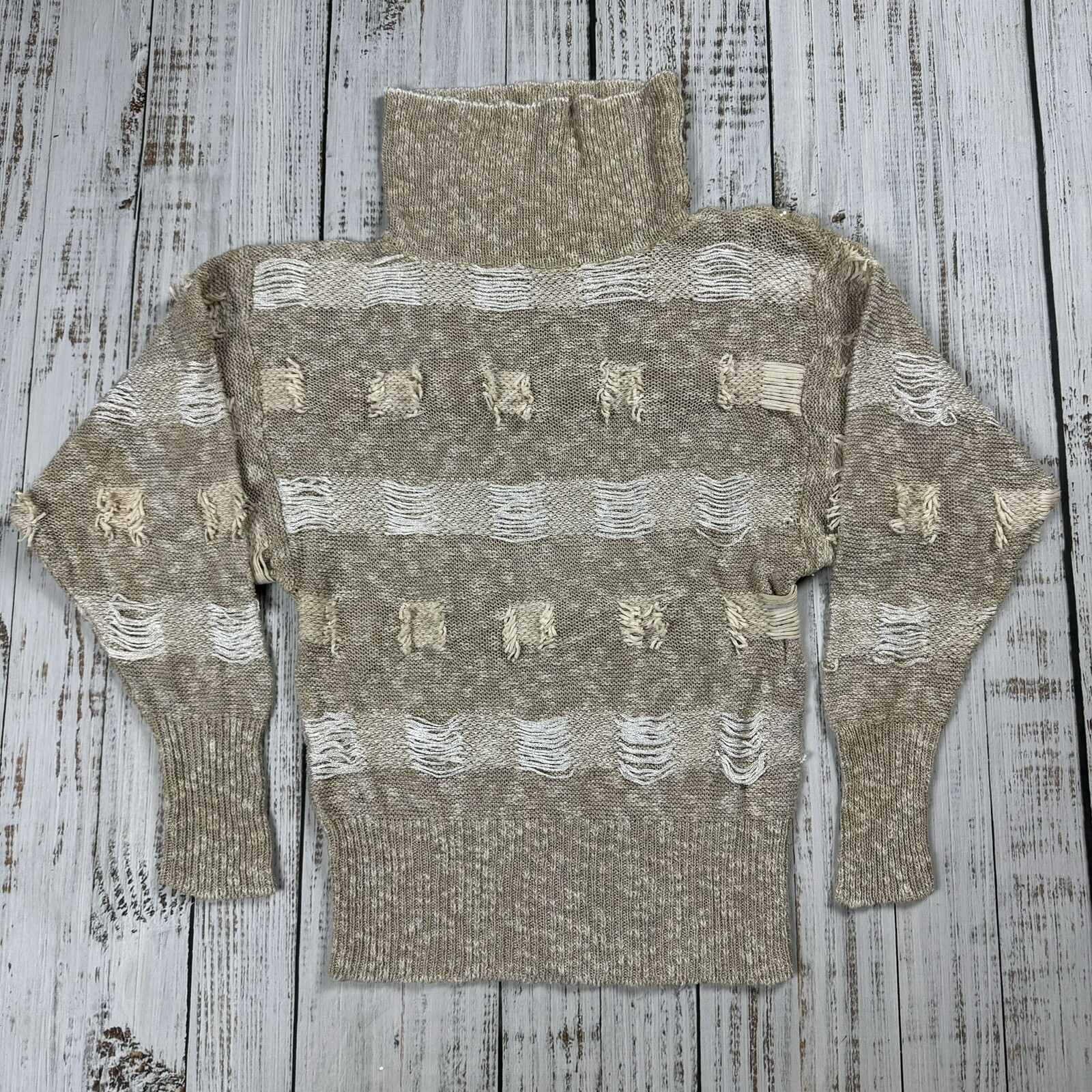 VINTAGE ALEXANDRIA LINEN COTTON SWEATER BEIGE MOCK NECK BUTTON SHOULDER SMALL M