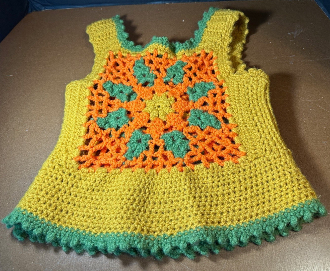 Crochet Vest vintage Handmade Granny Square Green Yellow orange size small?
