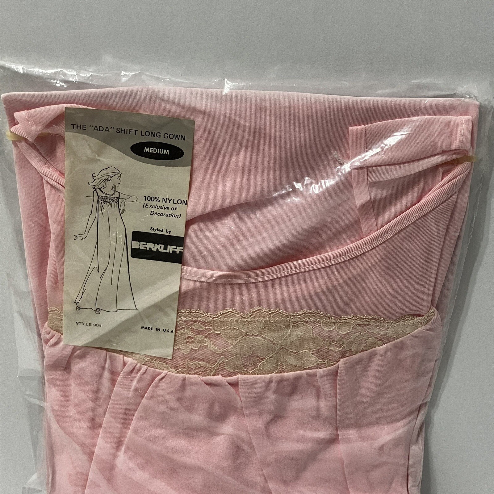 Pink Shift Nightgown Berkliff All Nylon Lace 1960s Dress Pajama Vintage NEW