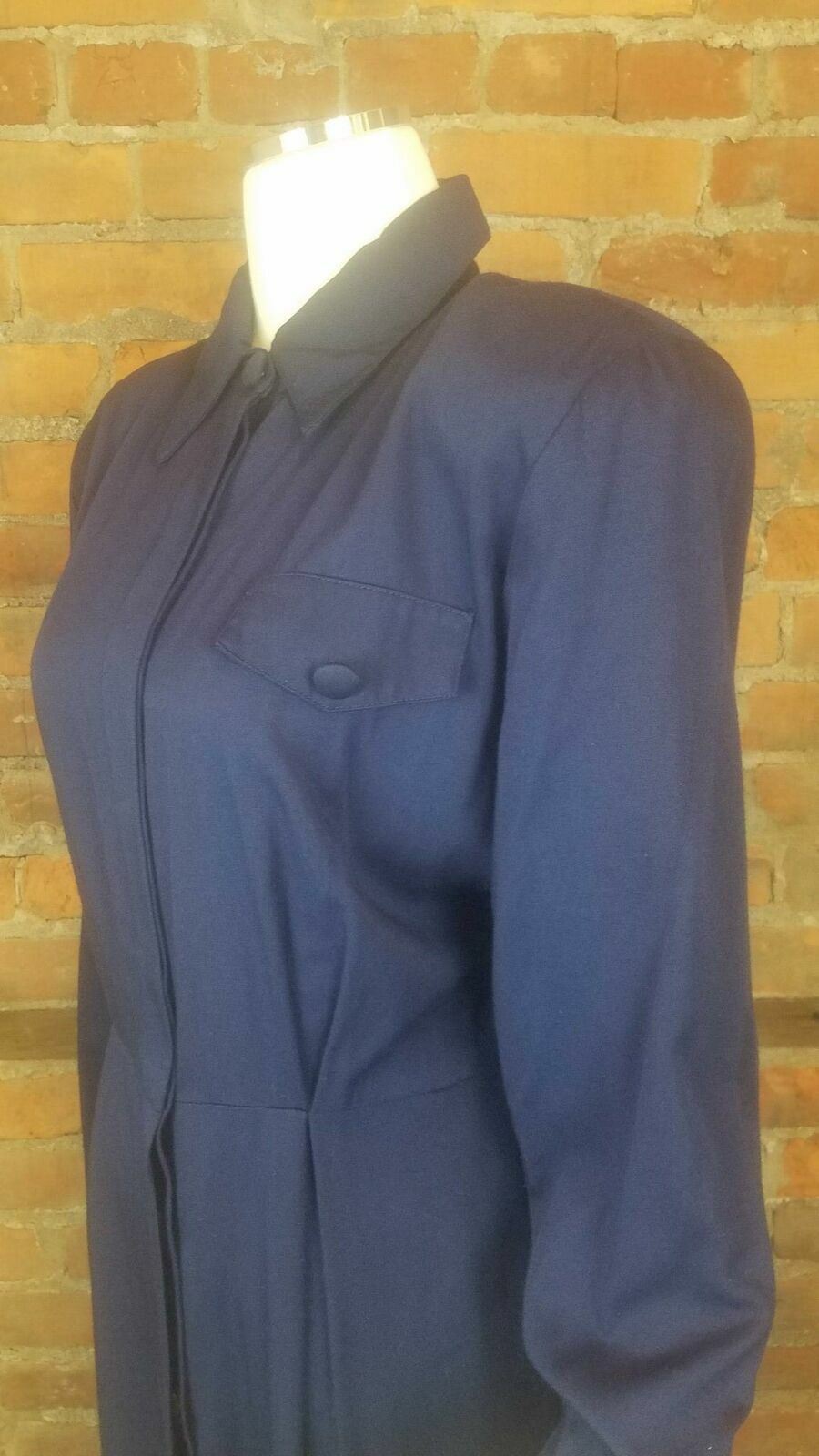 Vintage Women’s 80s Dress Navy Shirt Dress Button Front Lg Sleeves Sz L