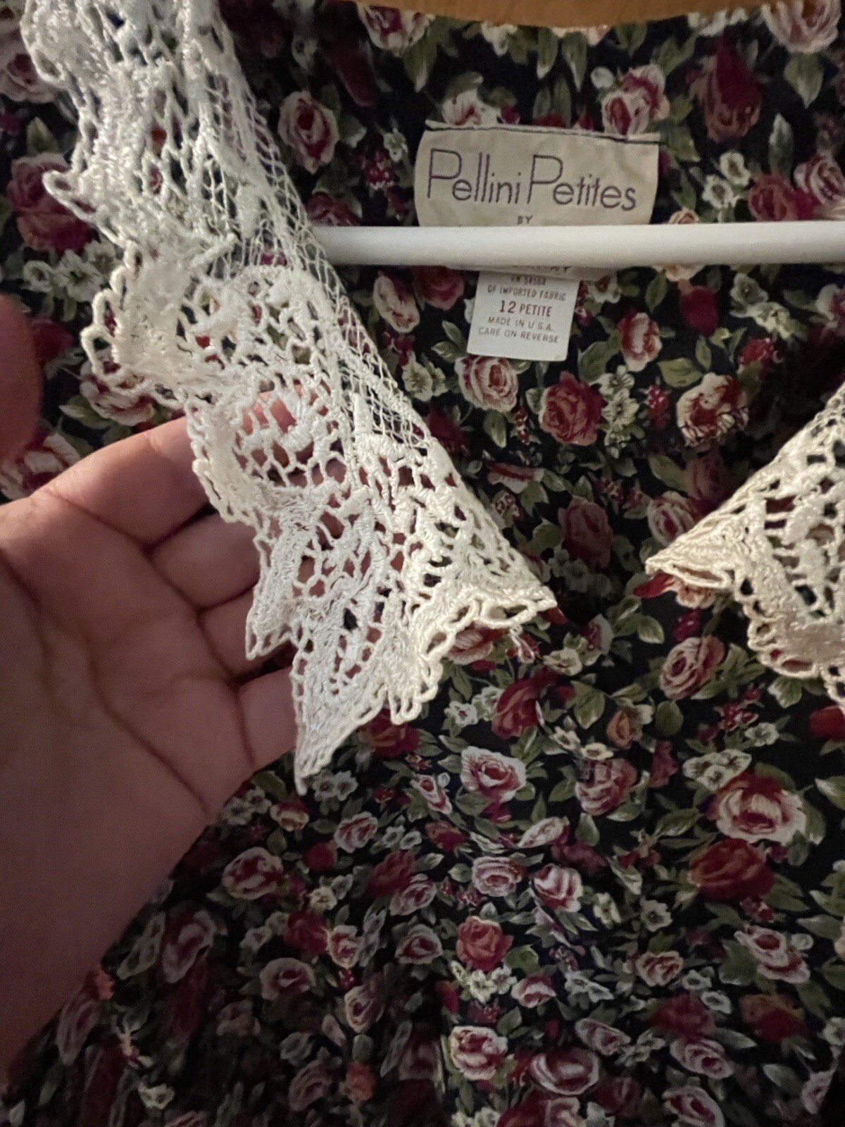 Pellini Petite By Von Bramlett Vintage Belted Dress Rose Pattern Lace Collar 12p