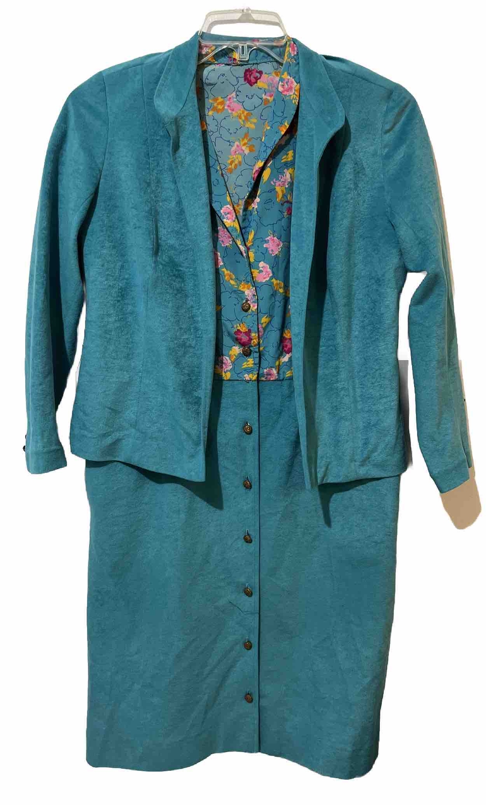 Vtg Anjac Fashions Dress and Jacket Women M Aqua Floral Velour Marc Needleman