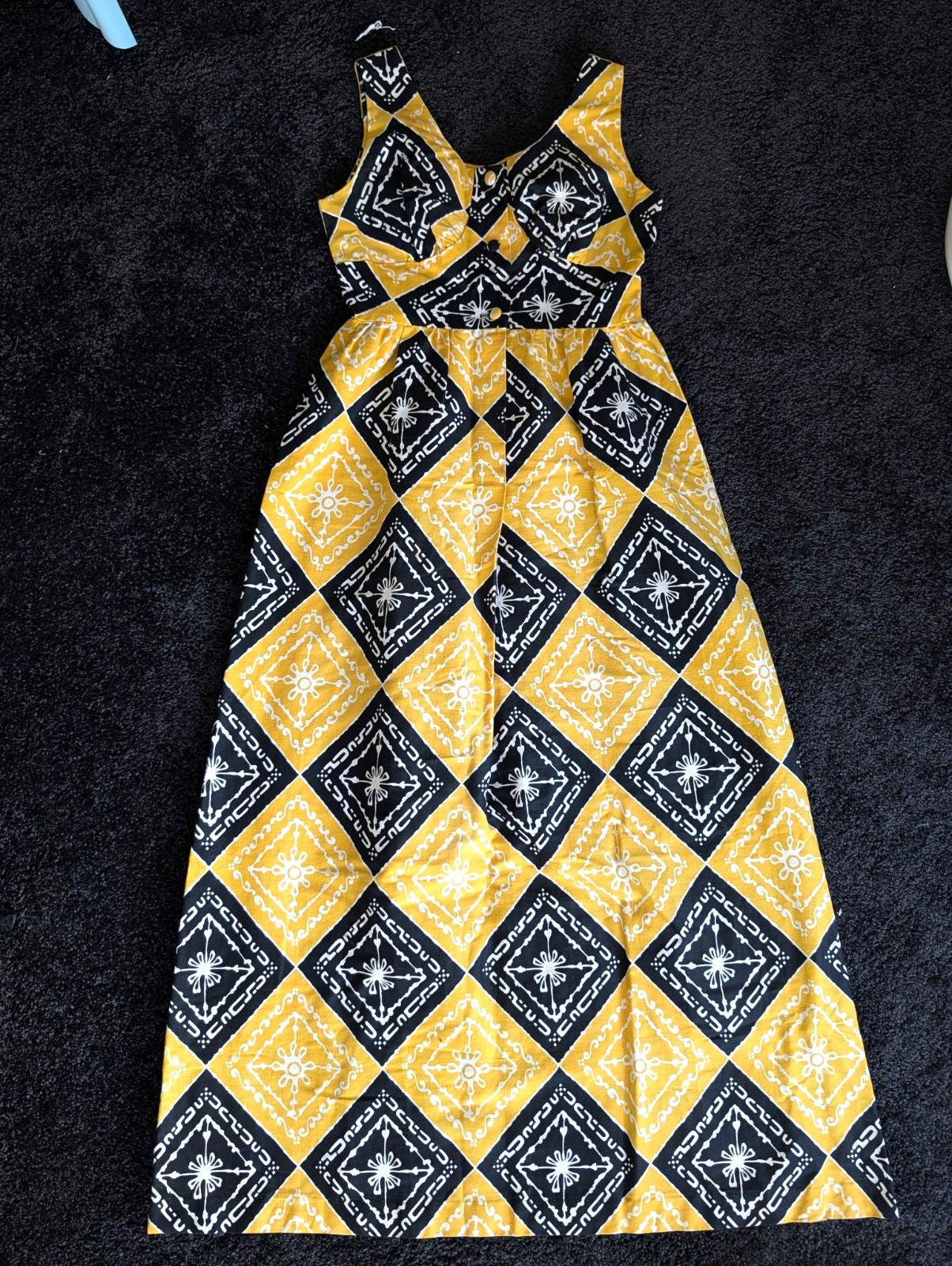 Vtg 70s Malama Hawaii Liberty House Maxi Dress MuuMuu Ylw & Blk Tribal Print XS