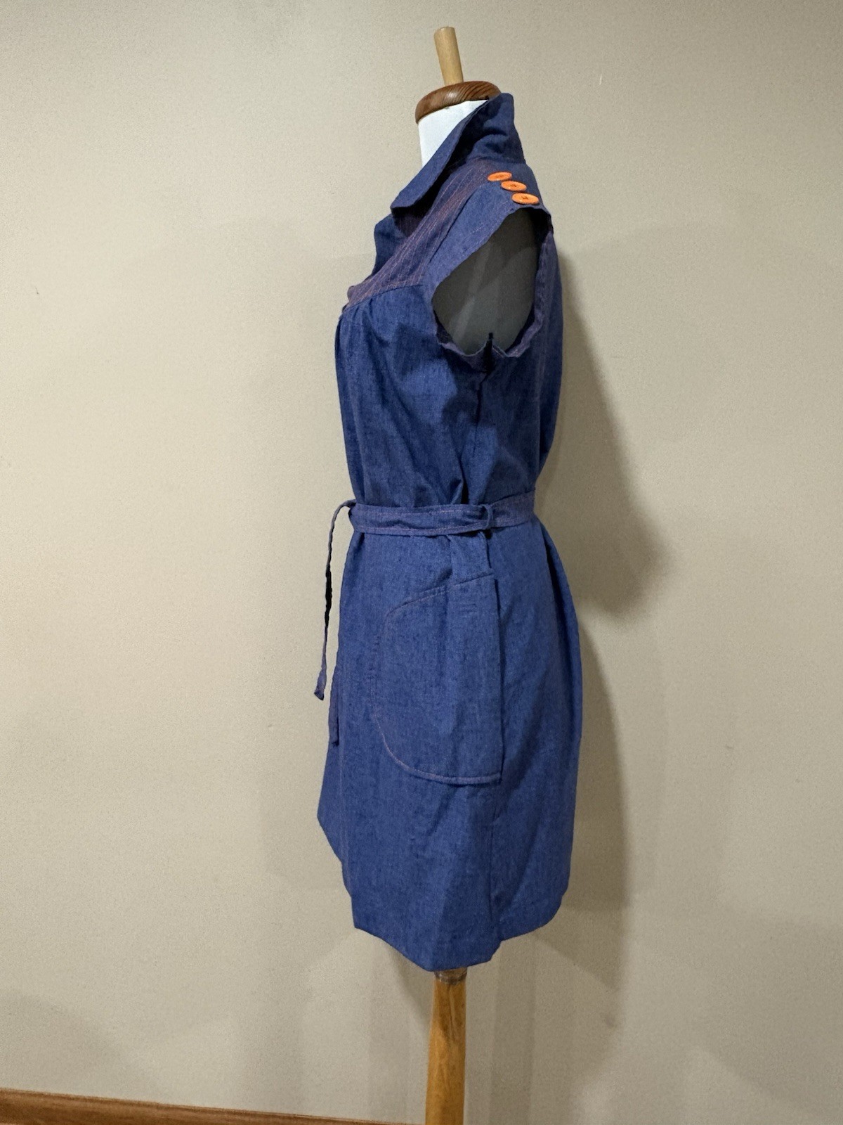 Vintage 70s Chambray Denim Mod Day Dress Mini Belted Pockets Contrast Stitch S