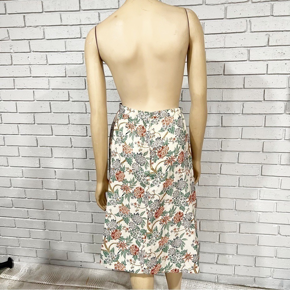 Vintage Floral Midi Skirt Cream Peach Green Botanical A-Line High Waist | Size 8