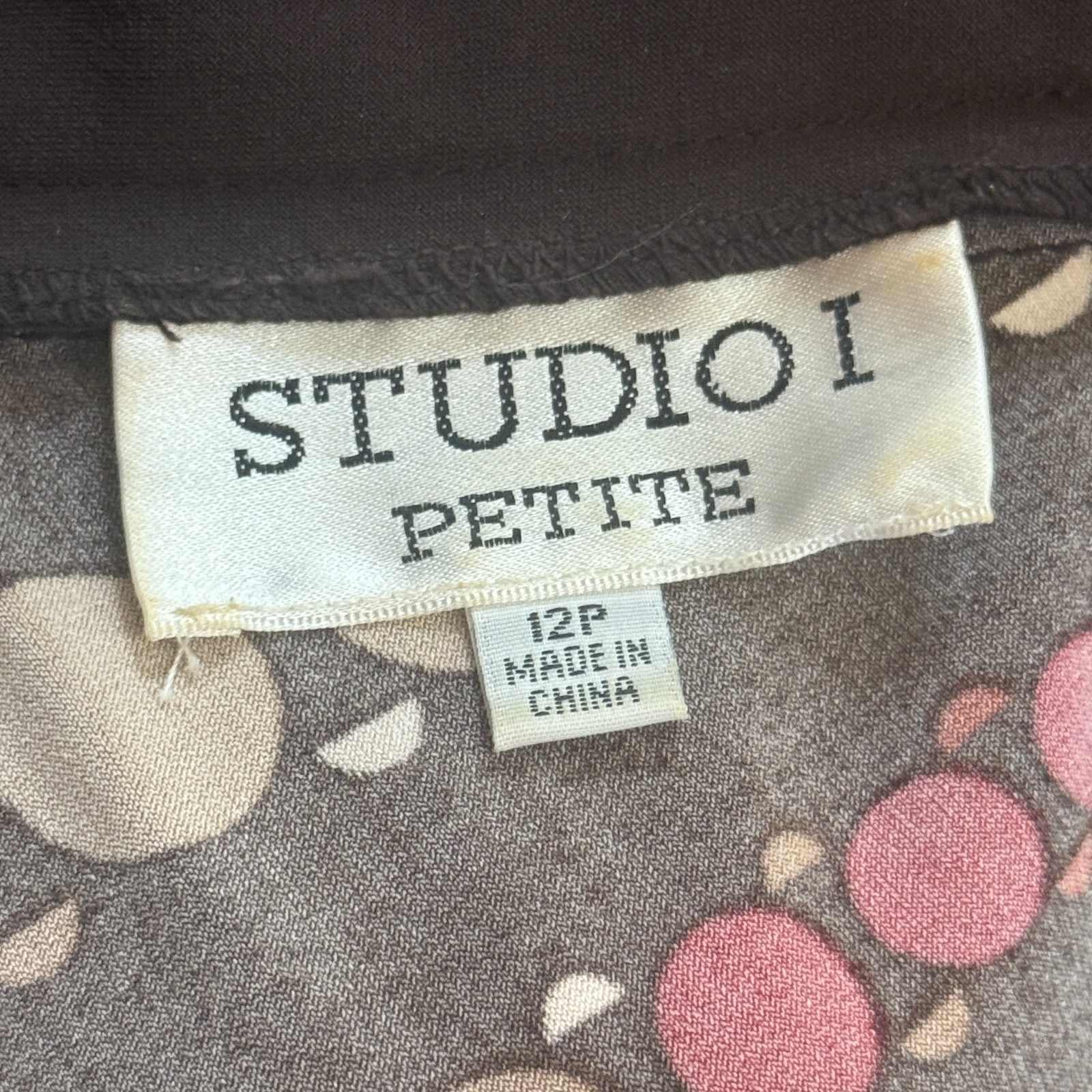 Studio I Petite Brown Dot Print Faux Wrap Dress Long Sleeve Size 12P
