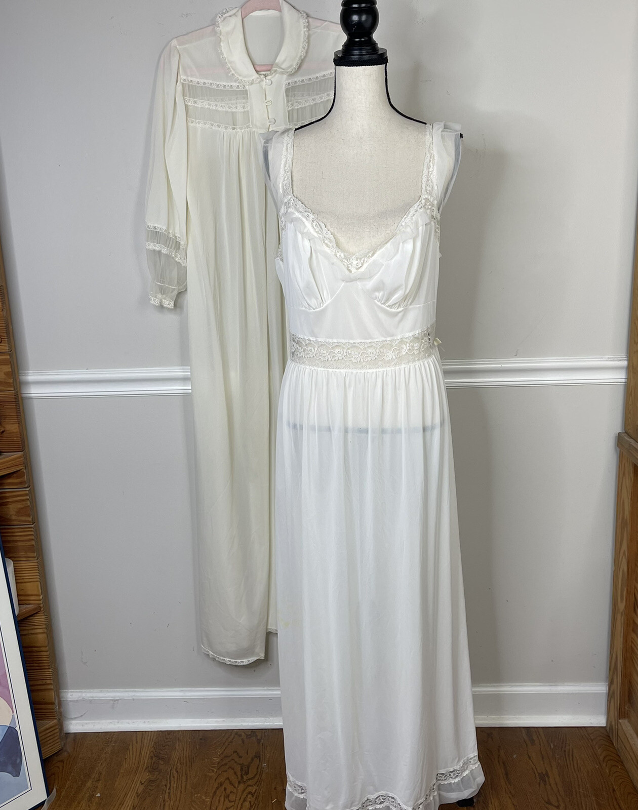Vintage Dorella Long Ivory Nylon chiffon Full Nightgown Penior set Large Flaws
