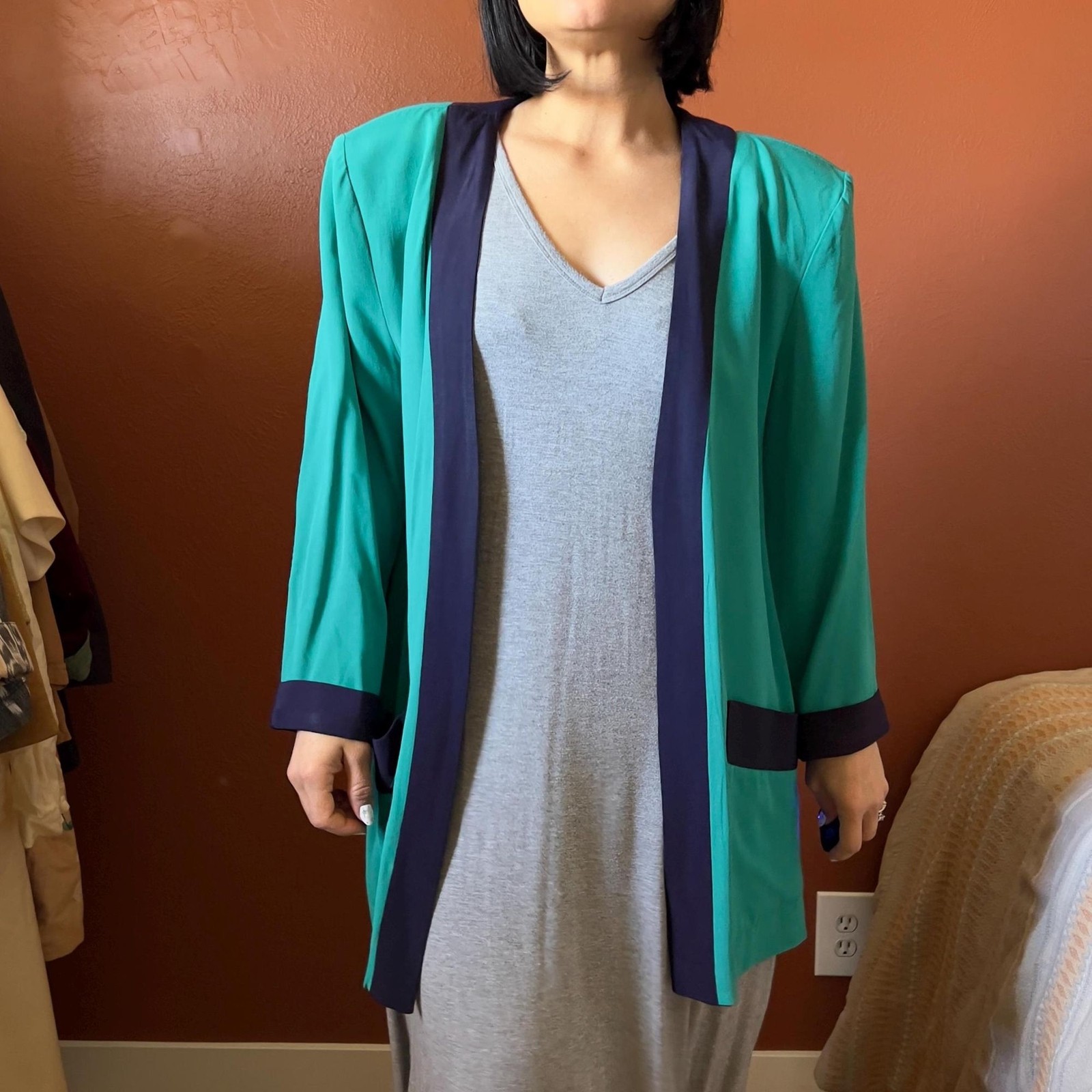 vtg 80s color blocked green open front blazer size 14 made in USA casual