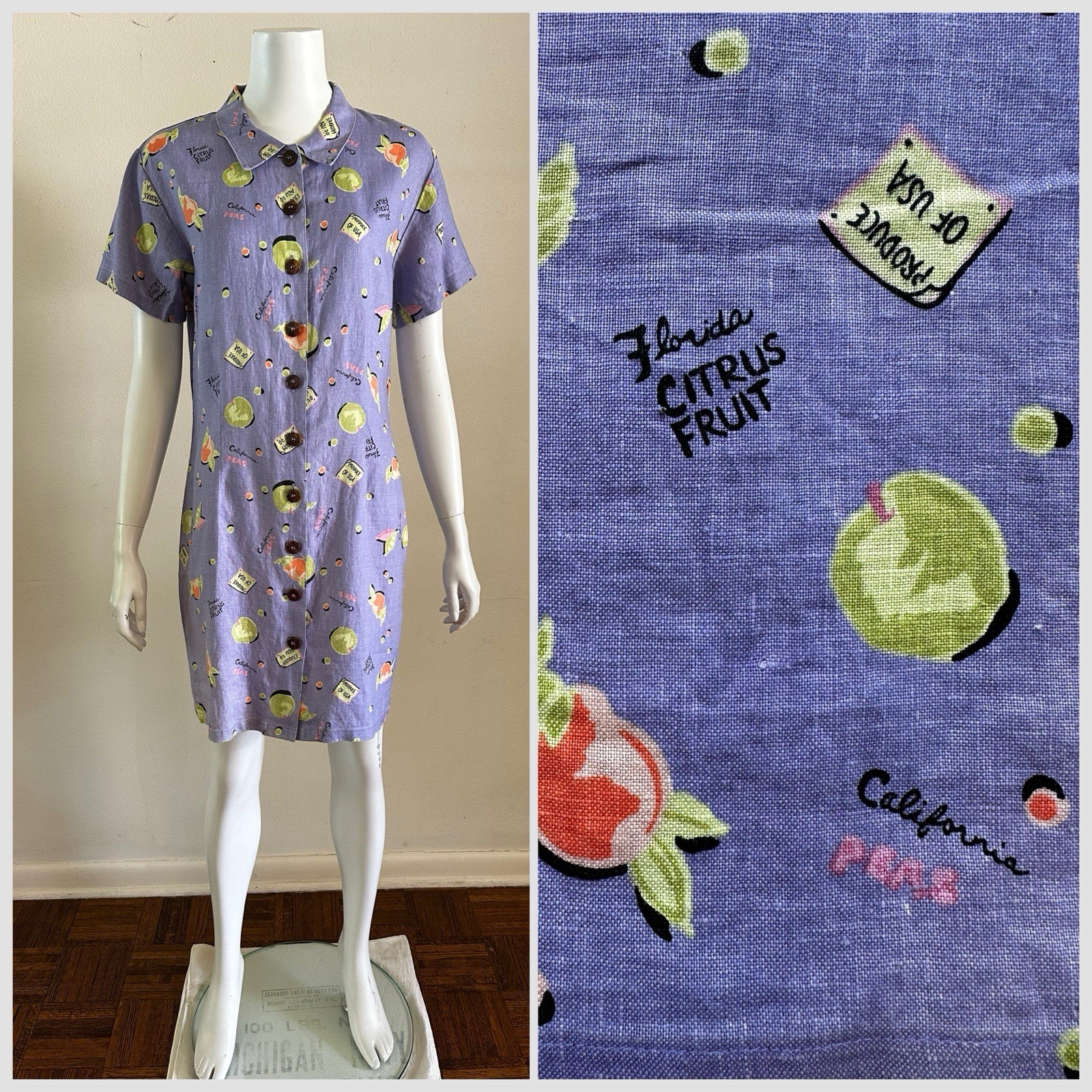 Vintage 90s Linen Novelty Citrus Fruit Shirt Dress Purple Button Front Kiko S M
