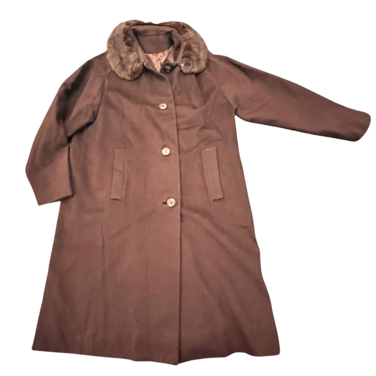 Vintage Women’s Wool Blend Long Coat Union Made Brown Faux Fur Collar Size Med