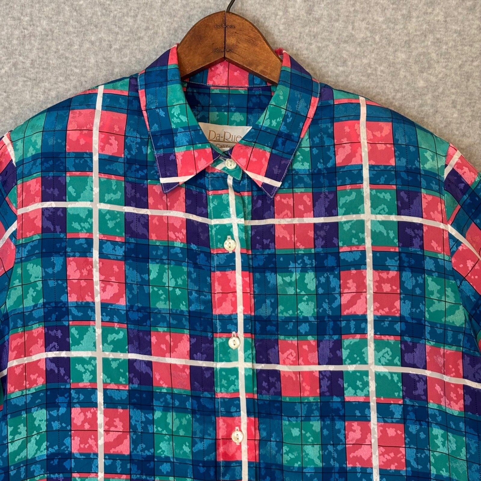 Vintage 80s Da-Rue of California Teal Blue Coral Blouse Women’s 16 Button Down