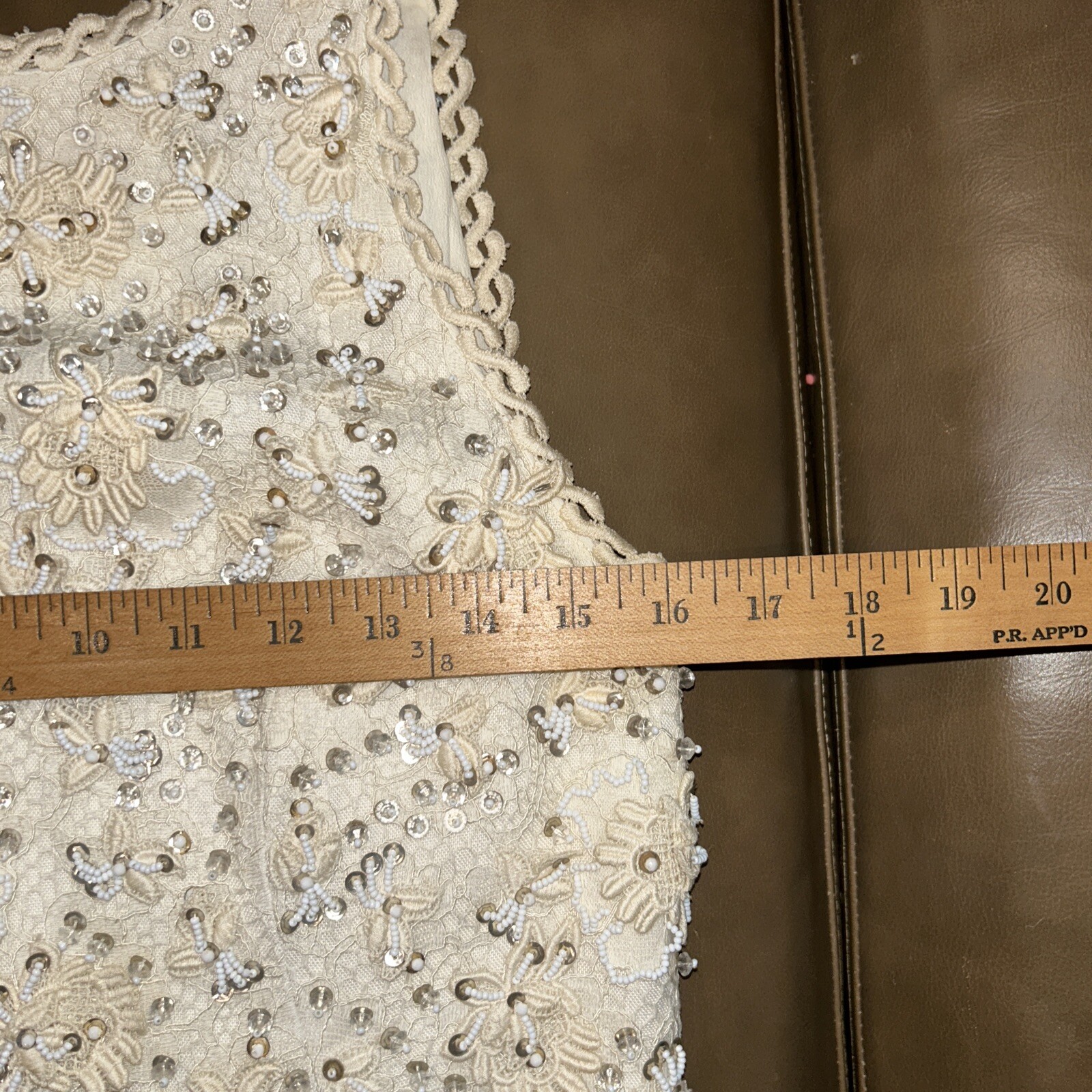 Pat Sandler Chiffon Ivory Cocktail Dress Sequin Lace Top Flowy Bottom S/M
