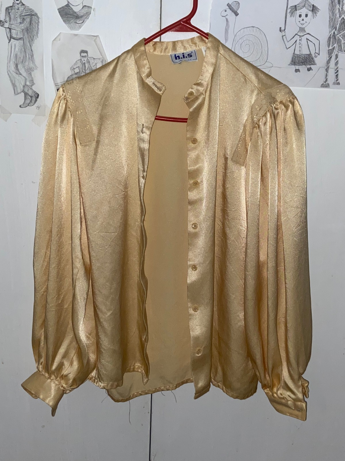 Vintage 1970s h.i.s Women’s Gold Buttercup Satin Blouse Sz MED w/Lace Accents