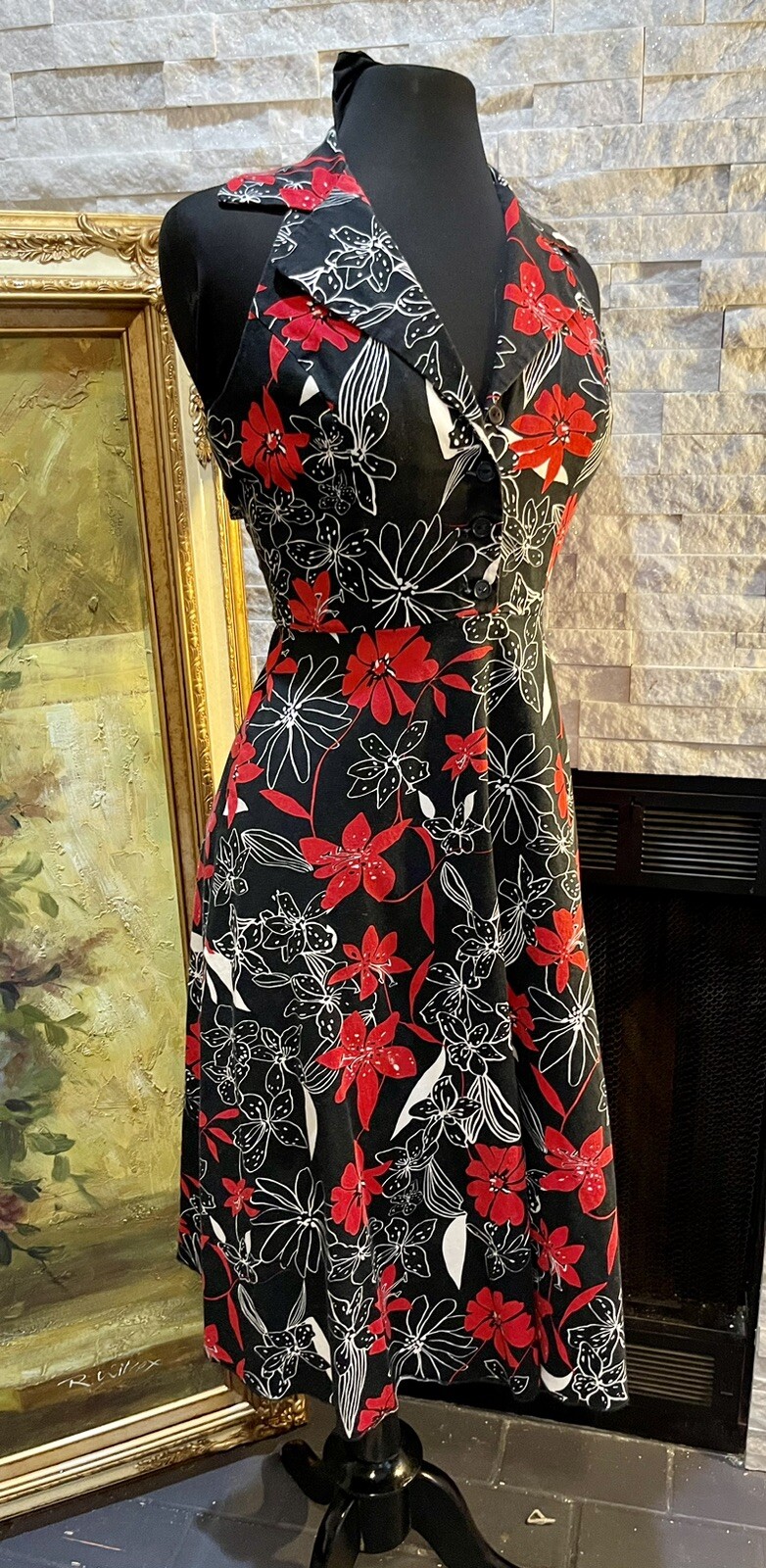 Vintage ALYN PAIGE Y2K Floral Halter Collar Swing Dress Backless Size 5/6 Hawian